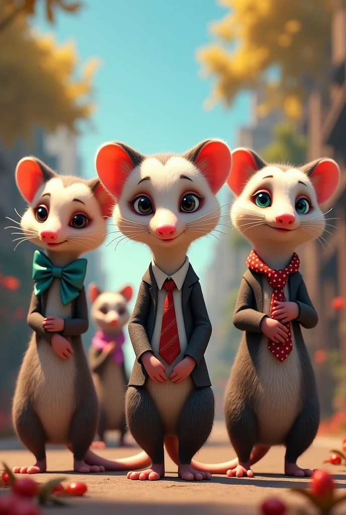 5 animated opossums, 3 with a woman's bow and 2 with a man's tie 
