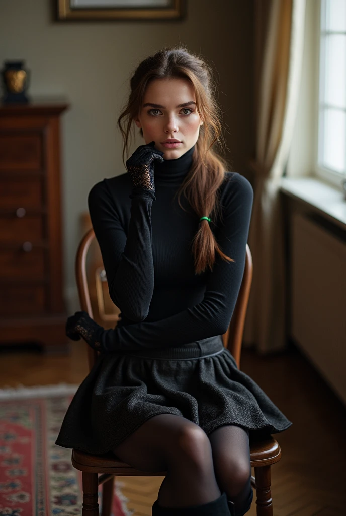 brown hair、ponytail、cute face、 she wears a turtleneck and a skirt.、black pantyhose、sitting on a chair、crossed legs、Wearing black lace gloves、wearing boots、adult german woman、full body portrait、indoor.、