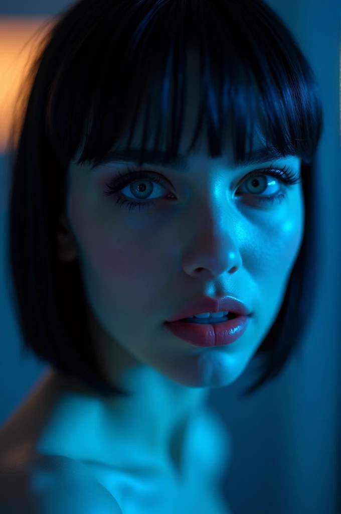 (Canon 50),(Rendered by octane),8k, seducer, symmetrical face, Dramatic cinematic lighting, (very strong blue lighting from behind), (light orange glow on the left side, Dramatic +2, hyper realist, spirited, very sexy pose. 1womanl, detail on the face, Focus on the face, straight short hair, bangss, hyperrealistic eyes, blue color background, highlight on lips that show fissures, lips with pink lipstick, half-open mouth showing part of the tooth. Black lined eye makeup.