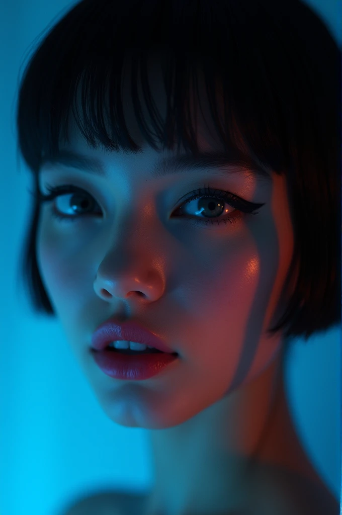 (Canon 50),(Rendered by octane),8k, seducer, symmetrical face, Dramatic cinematic lighting, (very strong blue lighting from behind), (light orange glow on the left side, Dramatic +2, hyper realist, spirited, very sexy pose. 1womanl, detail on the face, Focus on the face, straight short hair, bangss, hyperrealistic eyes, blue color background, highlight on lips that show fissures, lips with pink lipstick, half-open mouth showing part of the tooth. Black lined eye makeup.