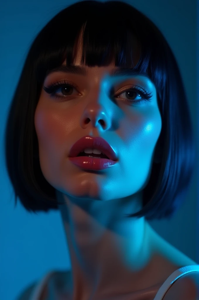(Canon 50),(Rendered by octane),8k, seducer, symmetrical face, Dramatic cinematic lighting, (very strong blue lighting from behind), (light orange glow on the left side, Dramatic +2, hyper realist, spirited, very sexy pose. 1womanl, detail on the face, Focus on the face, straight short hair, bangss, hyperrealistic eyes, blue color background, highlight on lips that show fissures, lips with pink lipstick, half-open mouth showing part of the tooth. Black lined eye makeup.