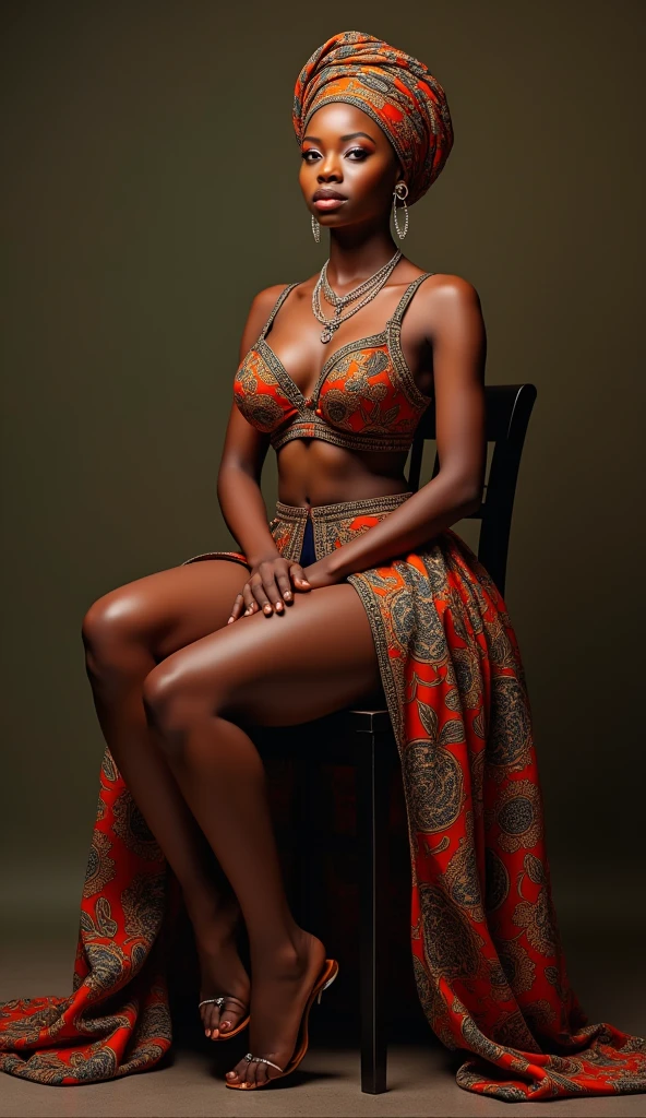 a very beautiful young Nigerian woman, simple turban and nigerian jewelry, sitting sexy on a chair, wearing colorful brocade bra, big breasts (1.3), full body, revealing sexy long legs, barefoot, detailed feet, detailed hands