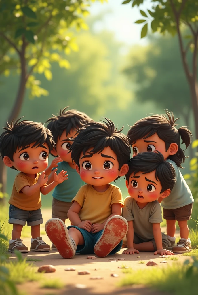 (One of the children, Little Juanito,, trips and falls to the ground., hurting his knee,. Tears fill his eyes as the other children gather around him worriedly..)
