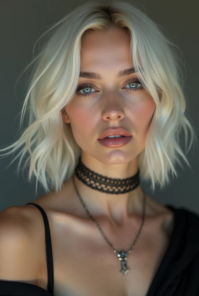 Platinum blonde woman with shoulder length hair and a choker necklace
