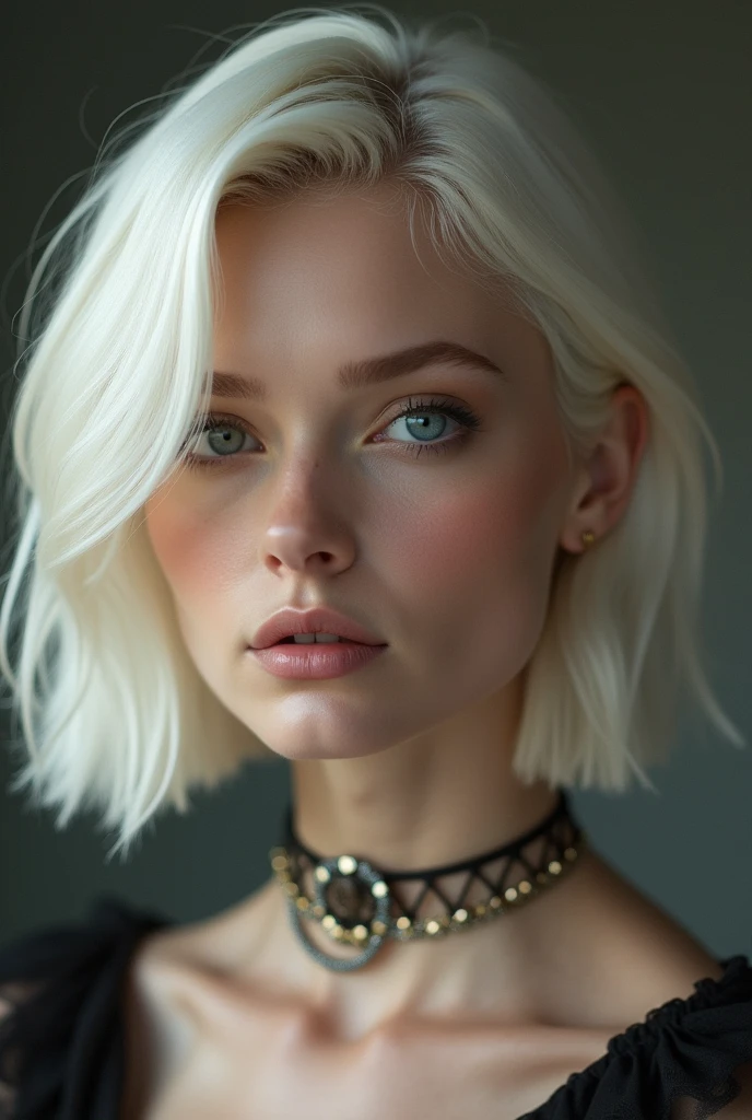 Platinum blonde woman with shoulder length hair and a choker necklace 
