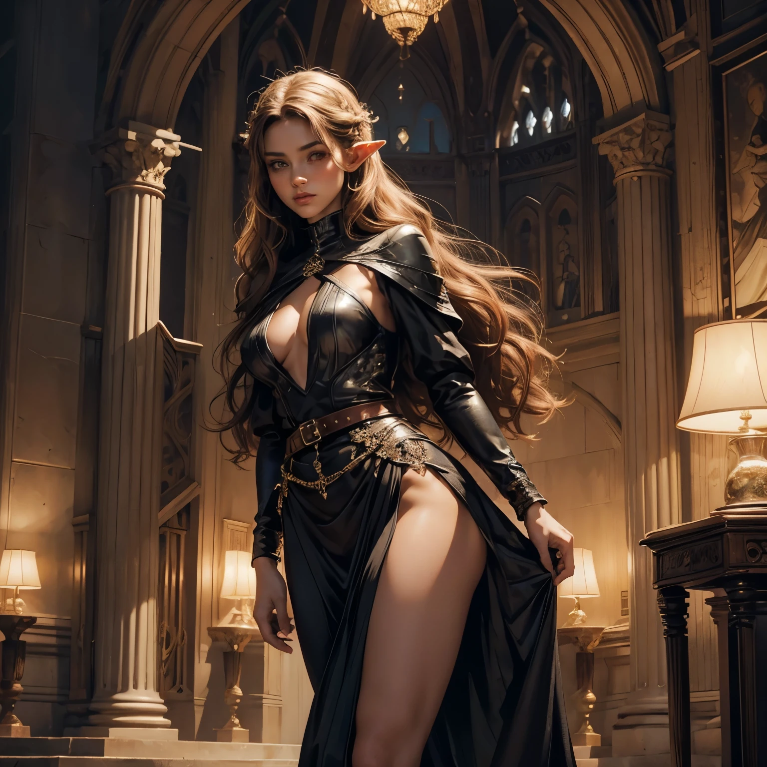 ((Medieval fantasy setting)). Tags: super detail, high details, high quality, best quality, highres, 4K, detailed face, face fix, detailed hands, detailed fingers, portret, 1girl "Echo is a 22-year-old half-elf. She has light brown skin. Thick light chestnut hair with caramel highlights and soft waves. Brown eyes with green hues. Her beautiful face is oval with soft features and pronounced cheekbones. She has full and attractive lips with a natural blush. A slight scar over her right eyebrow. Her ears are small like a human's but pointed like an elf's. Her physique is athletic and slim, she toned and flexible. She has a round and elastic body shapes."
Clothing. Style: Long transparent dress with a deep neckline on the chest and an open back. In front - thin lace that barely covers the breasts, emphasizing their shape. The skirt is transparent, slightly covers the legs, creating the effect of a smooth transition from dark to transparent.
Color: Black or deep red.
Details: The dress has a thin belt at the waist, which emphasizes the figure. Lace inserts add sophistication and make the image both frank and elegant. Ideal for a night out on the town or for a romantic date.
Background: Medieval ballroom, luxurious decor, warm atmosphere.
Tags: ((Cameltoe)), (Nipple Outline), (covered nipples), (covered pussy), ((Ass Outline)), (Butt Crack)