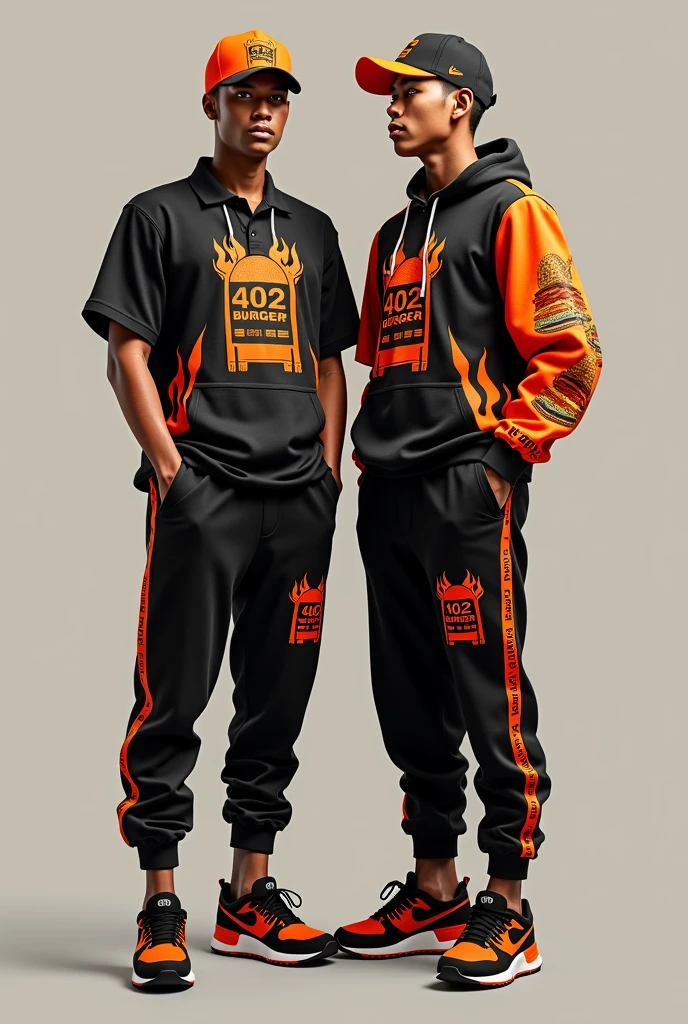 Design a complete uniform for a burger restaurant with the logo 402burger in black and orange colors with a polo-style shirt and jogger pants that are creative and have a line dividing the right sleeve of the jogger with one side filled with drawings like burgers, fries and its style is urban and disruptive with creative designs and flames on the sweatshirt and shirt and a cap.
