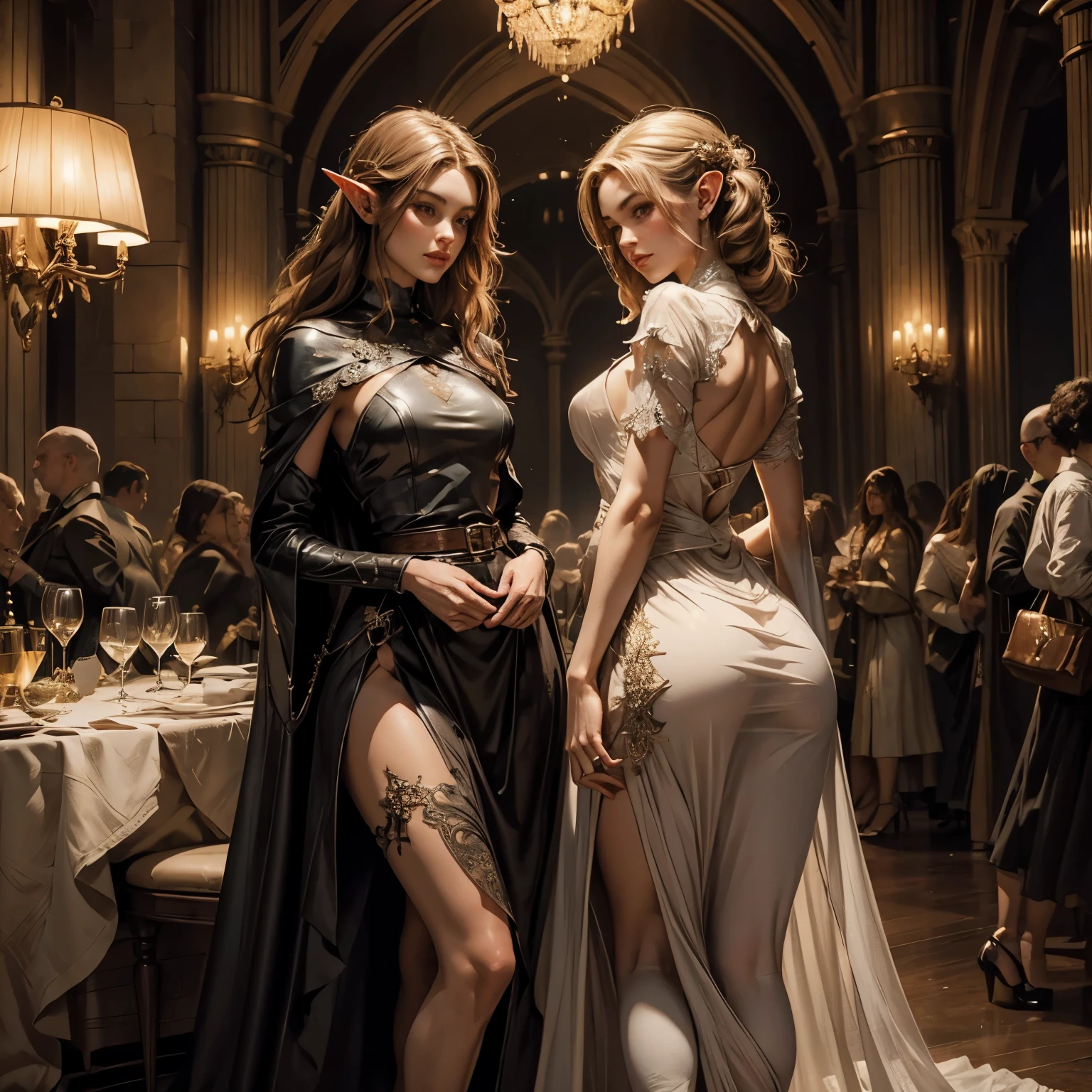 ((Medieval fantasy setting)). Tags: super detail, high details, high quality, best quality, highres, 4K, detailed face, face fix, detailed hands, detailed fingers, portret, 1girl "Echo is a 22-year-old half-elf. She has light brown skin. Thick light chestnut hair with caramel highlights and soft waves. Brown eyes with green hues. Her beautiful face is oval with soft features and pronounced cheekbones. She has full and attractive lips with a natural blush. A slight scar over her right eyebrow. Her ears are small like a human's but pointed like an elf's. Her physique is athletic and slim, she toned and flexible. She has a round and elastic body shapes."
Clothing. Style: Long transparent dress with a deep neckline on the chest and an open back. In front - thin lace that barely covers the breasts, emphasizing their shape. The skirt is transparent, slightly covers the legs, creating the effect of a smooth transition from dark to transparent.
Color: Black or deep red.
Details: The dress has a thin belt at the waist, which emphasizes the figure. Lace inserts add sophistication and make the image both frank and elegant. Ideal for a night out on the town or for a romantic date.
Background: Medieval ballroom, luxurious decor, warm atmosphere.
Tags: ((Cameltoe)), (Nipple Outline), (covered nipples), (covered pussy), ((Ass Outline)), (Butt Crack)