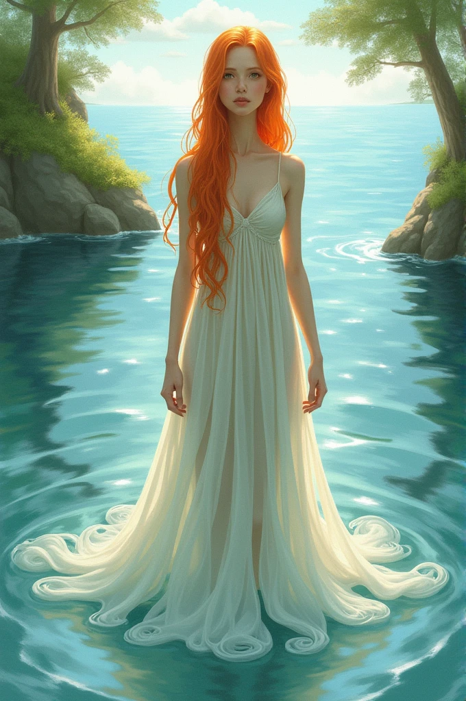 (work of art, highest quallity), ((a girl, standing alone, long hair)), Ismael_RAND, innocent looking, bare arms, Exposing shoulders, bare neck, watercolor, summer dress, liquid clothes, water, Nikke, water dress, Unripe_theme, natta, confusion, tenebrosa, sharp focus, ocean, Transparent robe, hair orange, tails, Queen, forst, magie, Druid