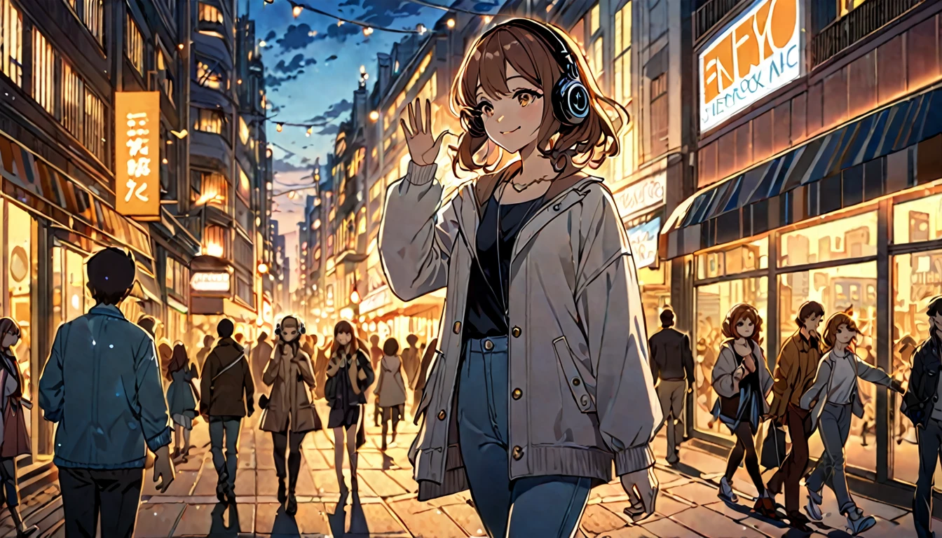 (Brown haired woman wearing headphones), (Walking around the city in the evening listening to background music), (Very detailed, masterpiece, Highest quality, bright), (Anime Style)
background: Cityscape at dusk: Relaxed smiling outfit: Light jacket and pants pose: Scene of walking while waving hands: In the city at dusk、Enjoy a pleasant walk while listening to background music
