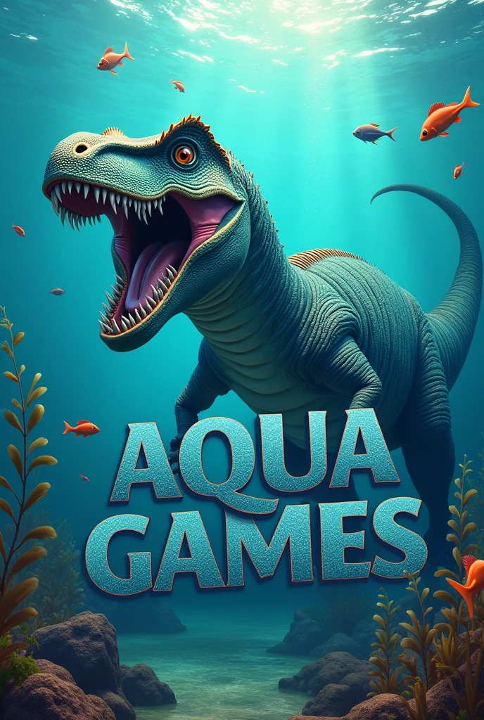 Create a dinosaur image for YouTube that says AQUA GAMES with dimensions of 2048x1152 pixels.
