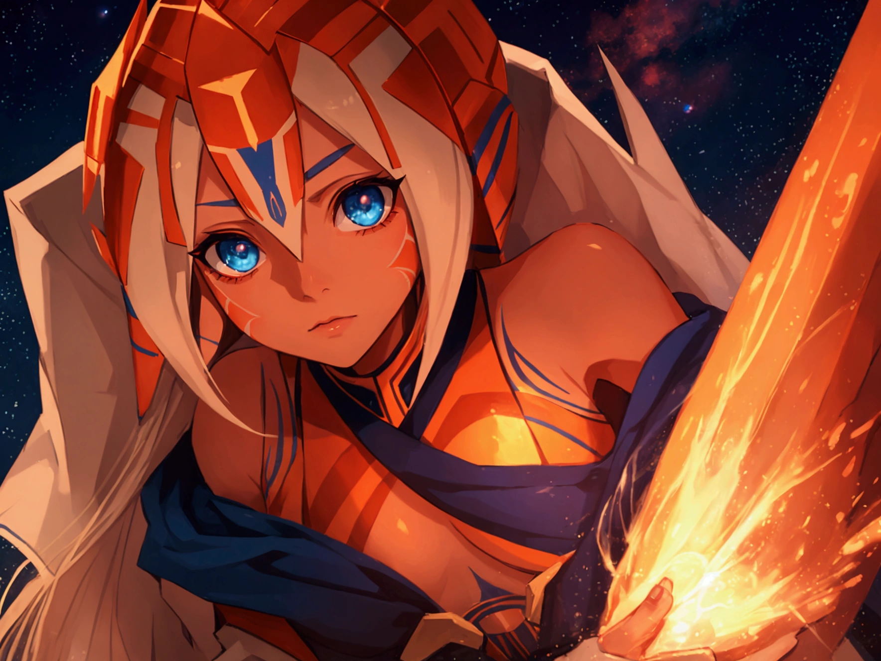 Ahsoka Tano, Star Wars, in a secret organization outfit, her eyes are serene, she is coming out of a battle, beautiful eyes, blue eyes, scene apocaliptica on fire, sparks flying from the flames of fallen bodies,