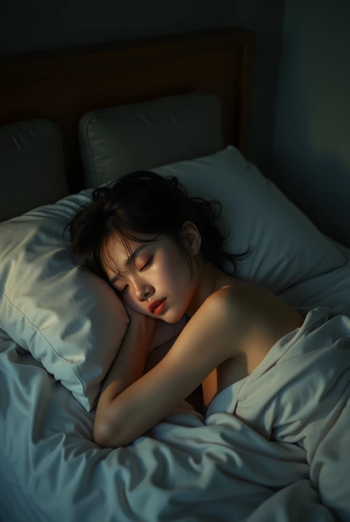 Naked Japanese woman in bed at night