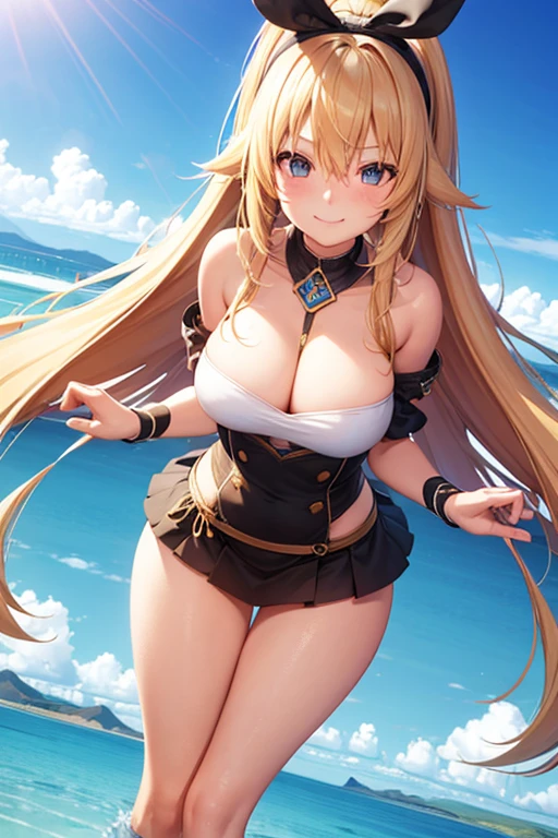 High resolution, Uyuni salt lake,Long Hair, smile, Blushing, Blonde, Background blur, masterpiece, Large Breasts, A series of character actions, 3D Isometric, ribbon hair accessories,