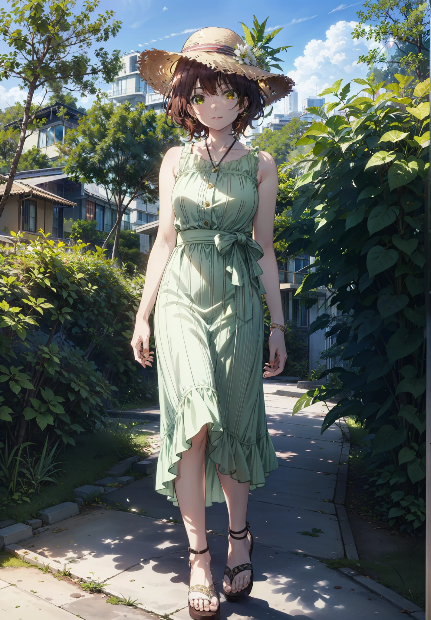 Seven days, Aoi Hinami, short hair, bangs, Brown Hair, (Green Eyes:1.5), smile,Straw hat,Sleeveless dress,Bare arms,Long skirt,Cute heeled sandals,Walking,morning,morning陽,The sun is rising,Palm tree,whole bodyがイラストに入るように,
break outdoors, Coastal Road,tropical,
break looking at viewer,whole body,
break (masterpiece:1.2), Highest quality, High resolution, unity 8k wallpaper, (figure:0.8), (Beautiful attention to detail:1.6), Highly detailed face, Perfect lighting, Highly detailed CG, (Perfect hands, Perfect Anatomy),