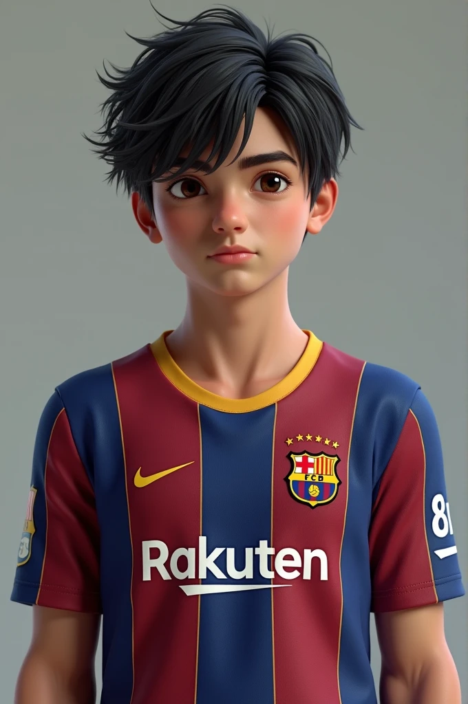 You can generate a boy 163 cm tall,a little dark, with semi-defined muscles, Brown eyes, black hair,disheveled hair, wearing a Barcelona shirt 