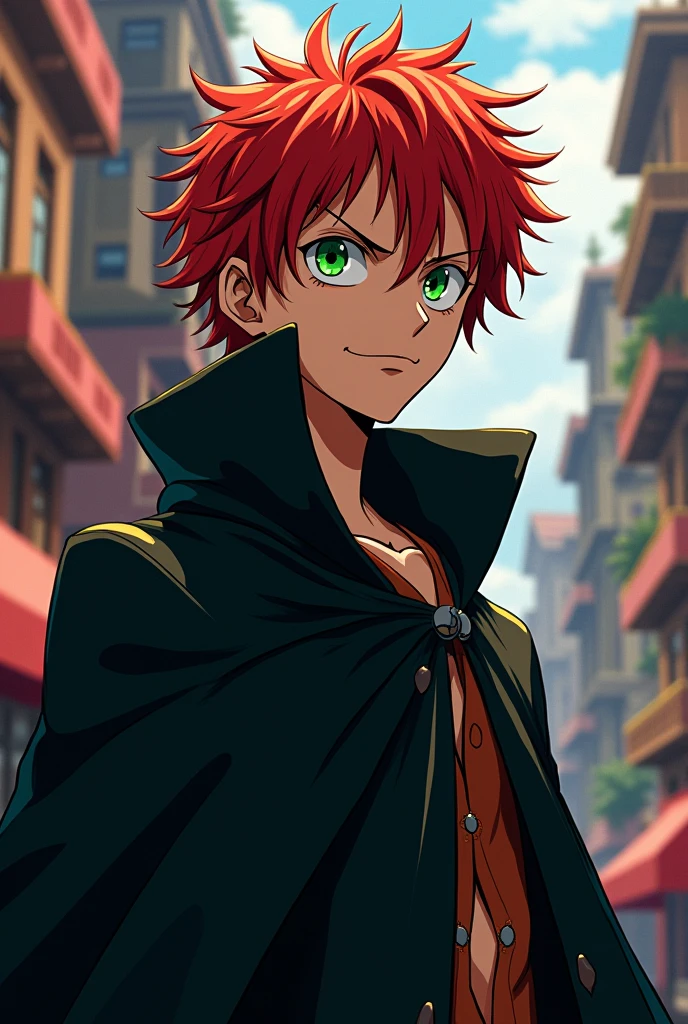 A 19 year old young man, 1,80m, with exaggerated and expressive features typical of One Piece. Your skin is clear, and he has voluminous red hair, Disheveled. His large green eyes turn a bright orange when his dark personality appears, with an otherworldly intensity. His face is angular and striking, reflecting youth and determination. He wears a long black cape that flows dramatically, adding a touch of mystery and impressiveness.

Split Personality:

Normalmente, He's quiet and introspective, with a serious expression. When his other personality emerges, he becomes wild and unpredictable, with a fierce gaze and a menacing smile, typical of the caricatured and dynamic style of One Piece.

Scenario (Anime Style - One Piece ):

Imagine him in a stylized and vibrant city, with exaggerated architecture and dramatic contrasts between deep shadows and neon lights, capturing the energy and adventurous spirit of One 