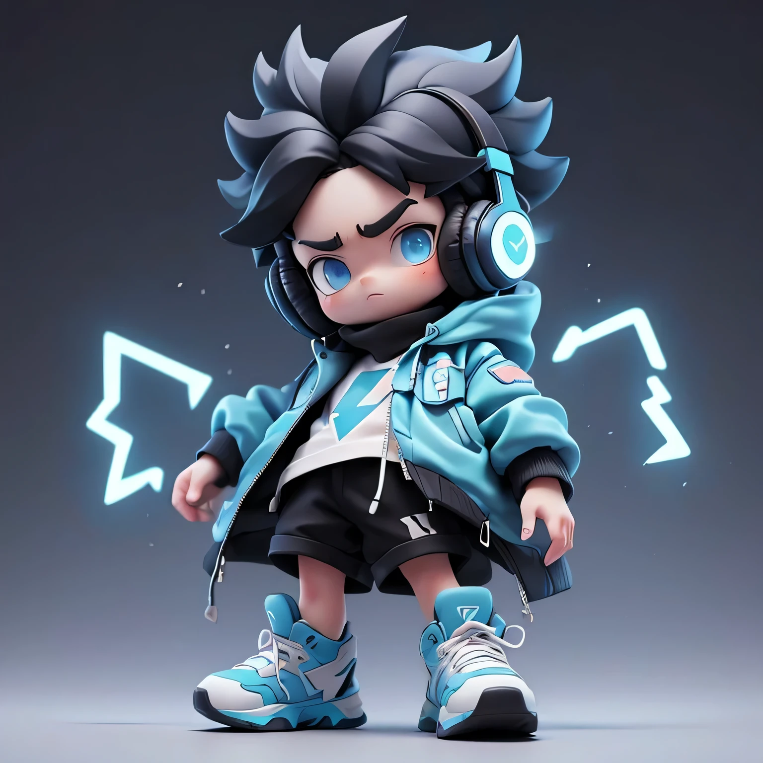 (a boy with short hair, a blue jacket, black clothes, black hair, blue eyes, a simple background, wearing neon blue headphones, matte blind box) (best quality), (vivid colors), serious expression, Jump up, lightning powers in his hand