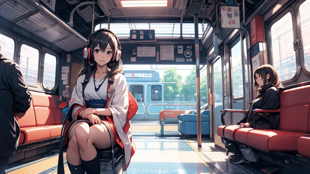 A woman wearing headphones, Anime Style 4 k, anime wallpaper 4k, anime wallpaper 4k, 4k anime wallpaper, anime art wallpaper 4k, anime art wallpaper 4k, Anime Style. 8k, Anime atmosphere, Ultra HD Anime Wallpaper, Anime Art Wallpaper 8K, Anime Background、train、trainの中、trainに乗っている、train、trip