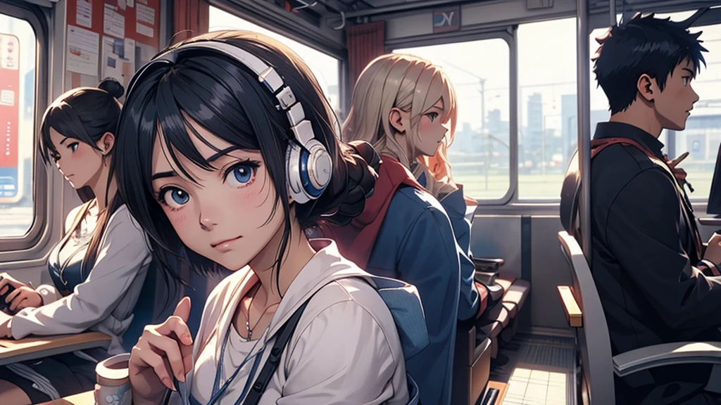 A woman wearing headphones, Anime Style 4 k, anime wallpaper 4k, anime wallpaper 4k, 4k anime wallpaper, anime art wallpaper 4k, anime art wallpaper 4k, Anime Style. 8k, Anime atmosphere, Ultra HD Anime Wallpaper, Anime Art Wallpaper 8K, Anime Background、train、trainの中、trainに乗っている、train、trip