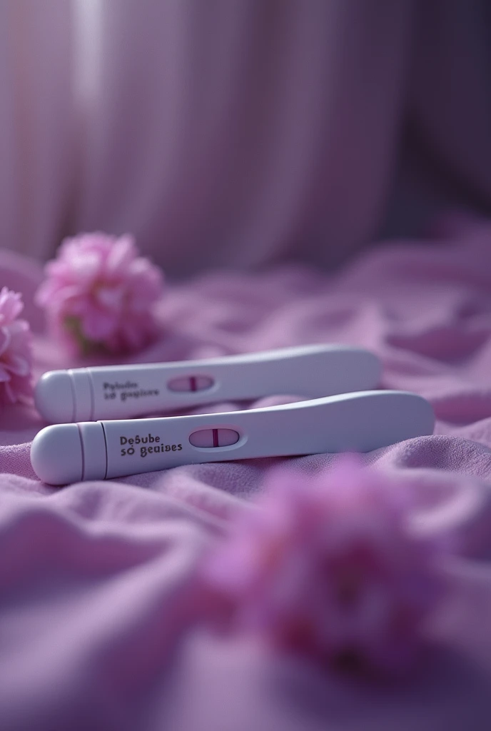 A blurred background with negative pregnancy tests in lilac color written the phrase: "without a baby, just gases" In Portuguese 