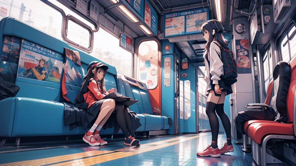 A woman wearing headphones, Anime Style 4 k, anime wallpaper 4k, anime wallpaper 4k, 4k anime wallpaper, anime art wallpaper 4k, anime art wallpaper 4k, Anime Style. 8k, Anime atmosphere, Ultra HD Anime Wallpaper, Anime Art Wallpaper 8K, Anime Background、train、trainの中、trainに乗っている、train、trip