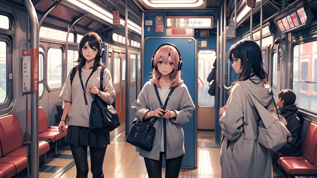 A woman wearing headphones, Anime Style 4 k, anime wallpaper 4k, anime wallpaper 4k, 4k anime wallpaper, anime art wallpaper 4k, anime art wallpaper 4k, Anime Style. 8k, Anime atmosphere, Ultra HD Anime Wallpaper, Anime Art Wallpaper 8K, Anime Background、train、trainの中、trainに乗っている、train、trip