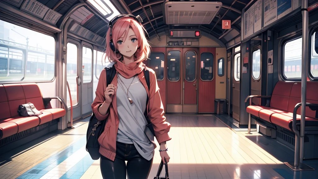 A woman wearing headphones, Anime Style 4 k, anime wallpaper 4k, anime wallpaper 4k, 4k anime wallpaper, anime art wallpaper 4k, anime art wallpaper 4k, Anime Style. 8k, Anime atmosphere, Ultra HD Anime Wallpaper, Anime Art Wallpaper 8K, Anime Background、train、trainの中、trainに乗っている、train、trip