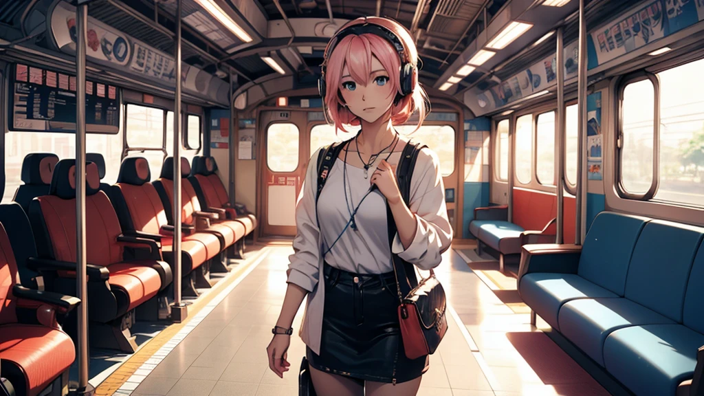 A woman wearing headphones, Anime Style 4 k, anime wallpaper 4k, anime wallpaper 4k, 4k anime wallpaper, anime art wallpaper 4k, anime art wallpaper 4k, Anime Style. 8k, Anime atmosphere, Ultra HD Anime Wallpaper, Anime Art Wallpaper 8K, Anime Background、train、trainの中、trainに乗っている、train、trip