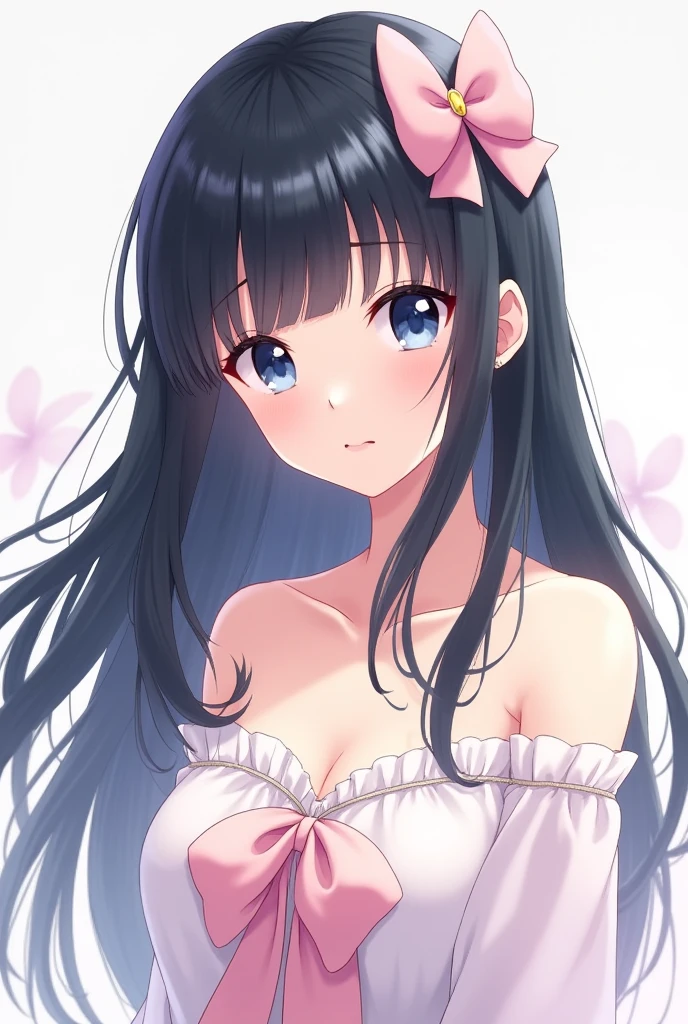 white woman with long black hair, bangs, blue eyes, pink bow in her hair, neutral expression, photo showing only her bust, white and pink clothes estilo anime