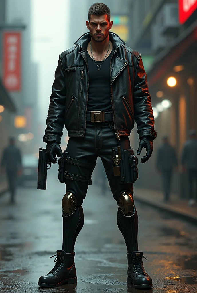 A male character in the cyberpunk style with two cybernetic legs with a thruster on each heel while holding a Glock in his hand. He will be wearing a leather jacket and a regatta underneath. He will be about 1,76m tall and will have a medium build and his legs will have the appearance of being muscular, but still mechanics.