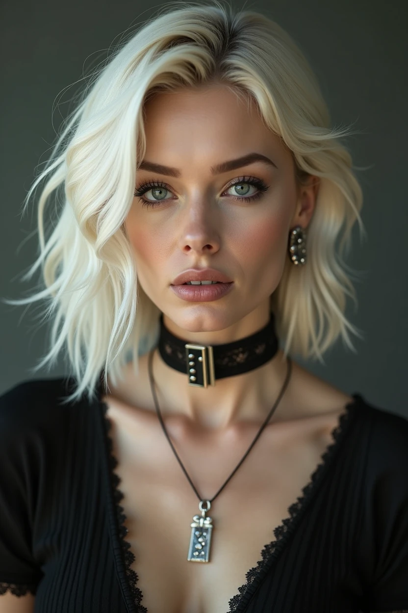 Platinum blonde woman with shoulder length hair and a choker necklace 