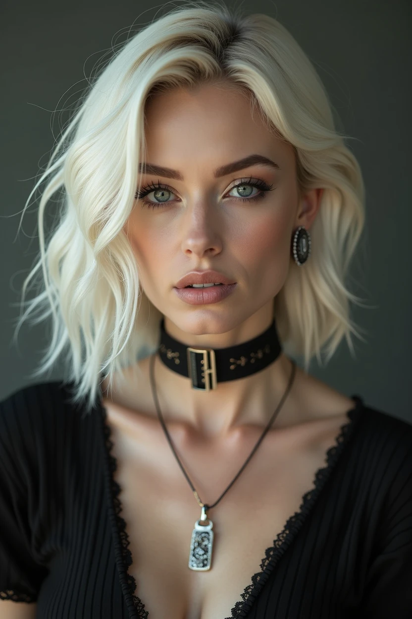 Platinum blonde woman with shoulder length hair and a choker necklace