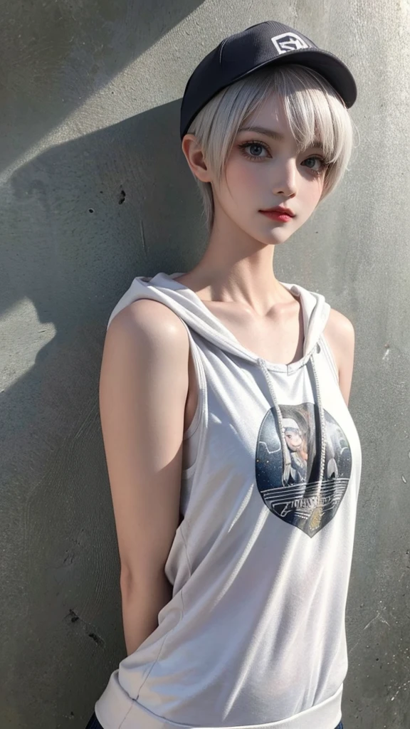 masterpiece, highest quality, Super detailed, 8k, Photorealistic, One girl, alone, Tomboy, Super detailed face, (head shot:1.5), Standing against a wall covered in hip-hop graffiti, White hair color with pixie cut, He is wearing a short tank top and an unzipped hoodie.,The chest is visible,Nice butt,Wearing a New Era cap