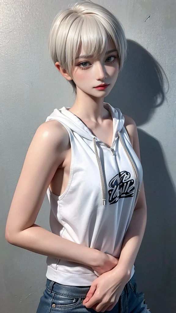 masterpiece, highest quality, Super detailed, 8k, Photorealistic, One girl, alone, Tomboy, Super detailed face, (head shot:1.5), Standing against a wall covered in hip-hop graffiti, White hair color with pixie cut, He is wearing a short tank top and an unzipped hoodie.,The chest is visible,Nice butt,Wearing a New Era cap
