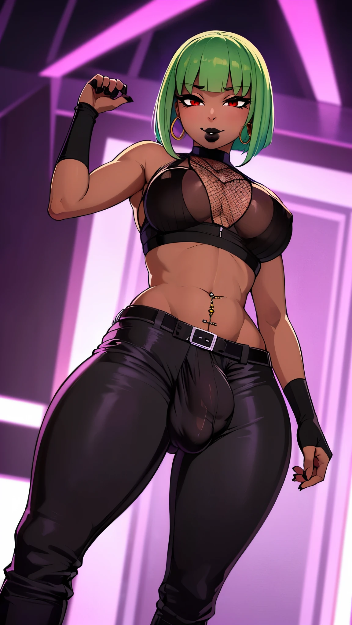 (solo:1.1),(masterpiece), (best quality:1.3), highly detailed, intricate, professional art, digital art, absurdres, confidant, emerald sustrai, futanari emerald sustrai wearing a fishnet-crop-top with arm gloves and pants confidently in a club,(Black see through top:1.4), (pants:1.6), 1girl, solo, (dark skin:1.5), green hair, bob hair, gold hoop earrings, gold jewellery, ab lines,(gold navel piercing:1.1), detailed stomach, red eye colour, dark skin, average breasts, (aroused:1.2), (futanari:1.1), (wide hips:1.4), (makeup 1:1), beestung lips, (black lipstick:1.3), large penis, panty straps riding hips, (large crotch bulge:1.4), crotch bulge, large testicles , furniture, frontal view, universal lighting