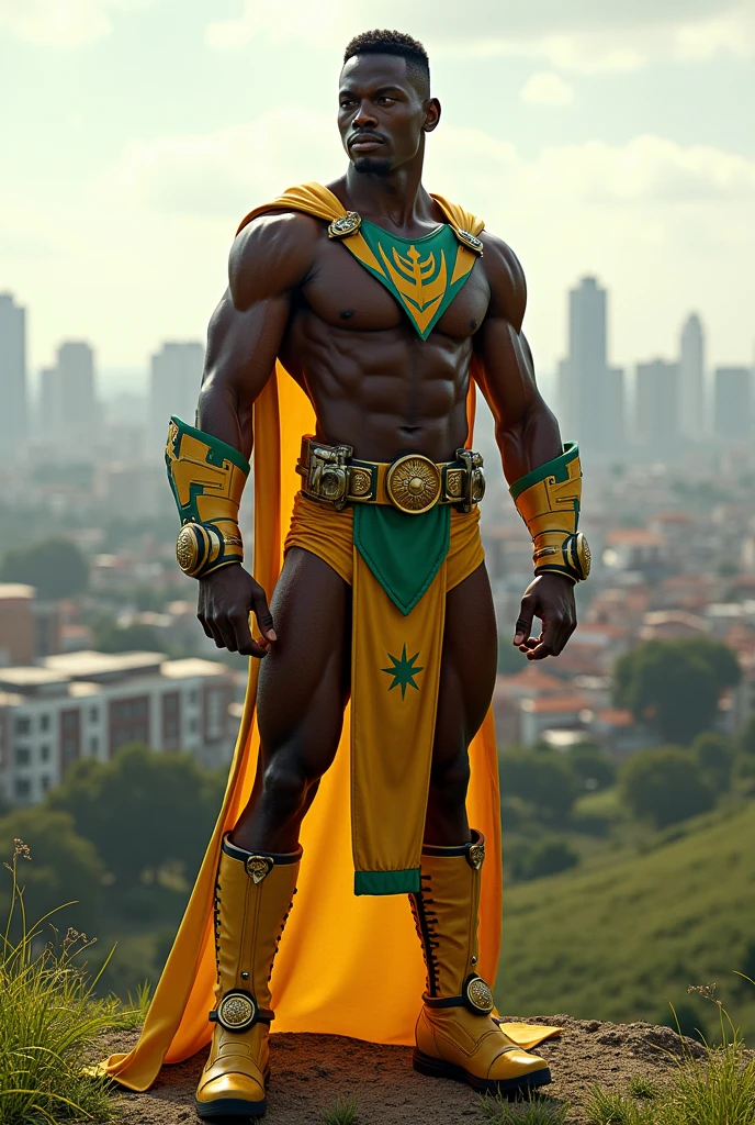 An 18 year ghanaian superhero standing on a hill