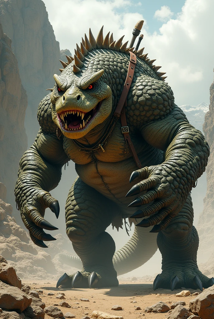 A fat 4-legged scaly monster, with a leather saddle