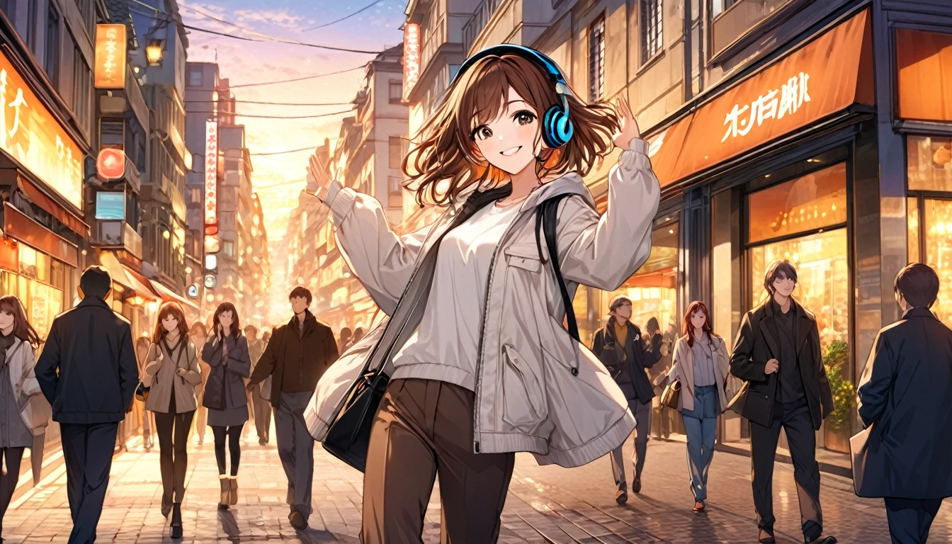 (Brown haired woman wearing headphones), (Walking around the city in the evening listening to background music), (Very detailed, masterpiece, Highest quality, bright), (Anime Style)
background: Cityscape at dusk: Relaxed smiling outfit: Light jacket and pants pose: Scene of walking while waving hands: In the city at dusk、Enjoy a pleasant walk while listening to background music
