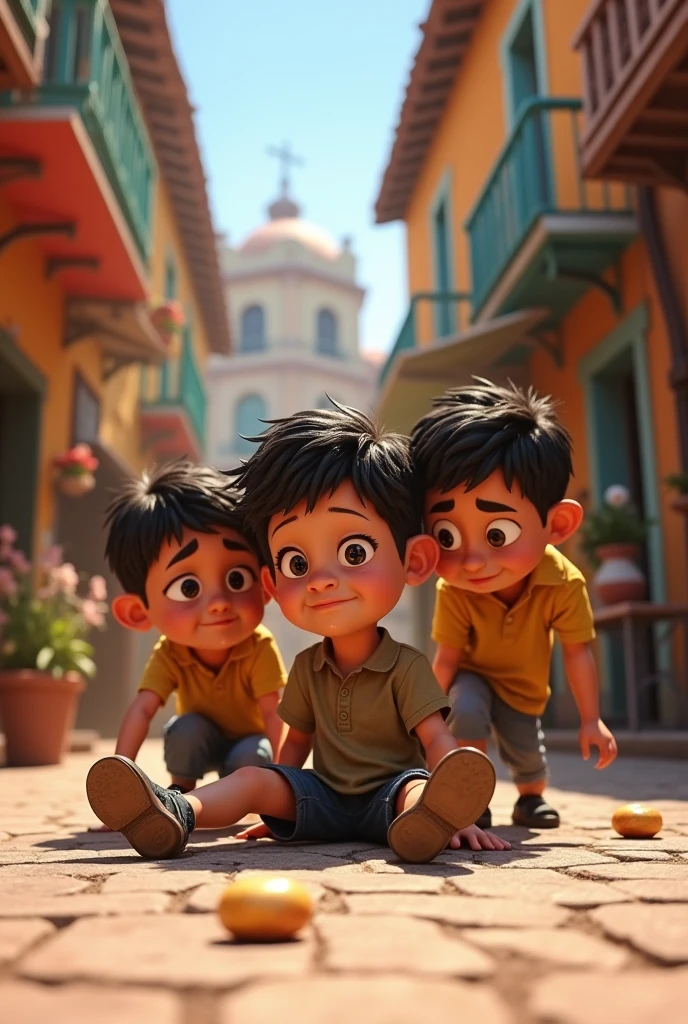 (One of the children, Little Juanito,, He trips and falls to the ground in the central square, hurting his knee,. Tears fill his eyes as the other children gather around him worriedly..)