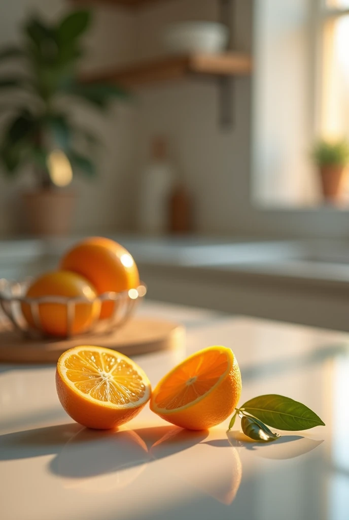 An image that can serve as a background for a food product, a table in a kitchen, all modern, clean, evening light. On the table only a split orange and some leaves from the orange tree, no more items on the table