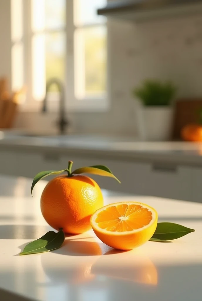 An image that can serve as a background for a food product, a table in a kitchen, all modern, clean, evening light. On the table only a split orange and some leaves from the orange tree, no more items on the table