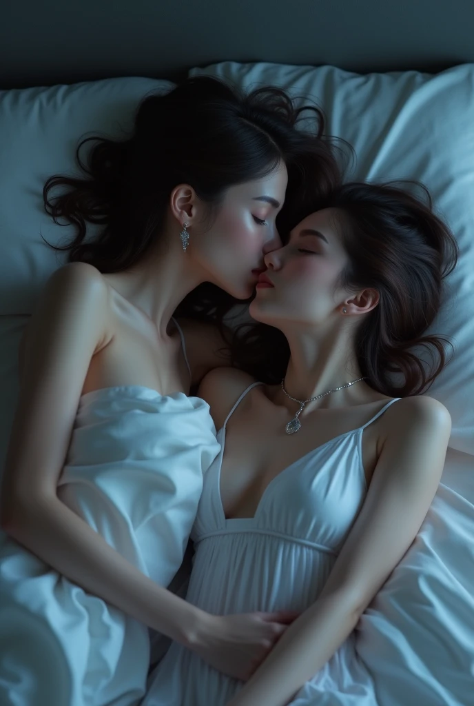 and the girl is resting in bed, She is kissing lips, Cool backgrounds, Without clothes ,she is wearing a tank top