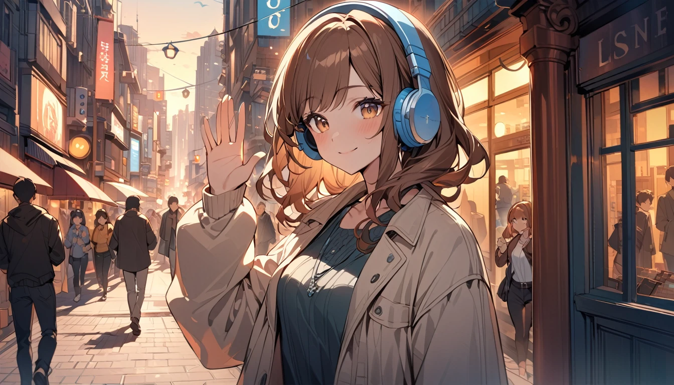 (Brown haired woman wearing headphones), (Walking around the city in the evening listening to background music), (Very detailed, masterpiece, Highest quality, bright), (Anime Style)
background: Cityscape at dusk: Relaxed smiling outfit: Light jacket and pants pose: Scene of walking while waving hands: In the city at dusk、Enjoy a pleasant walk while listening to background music
