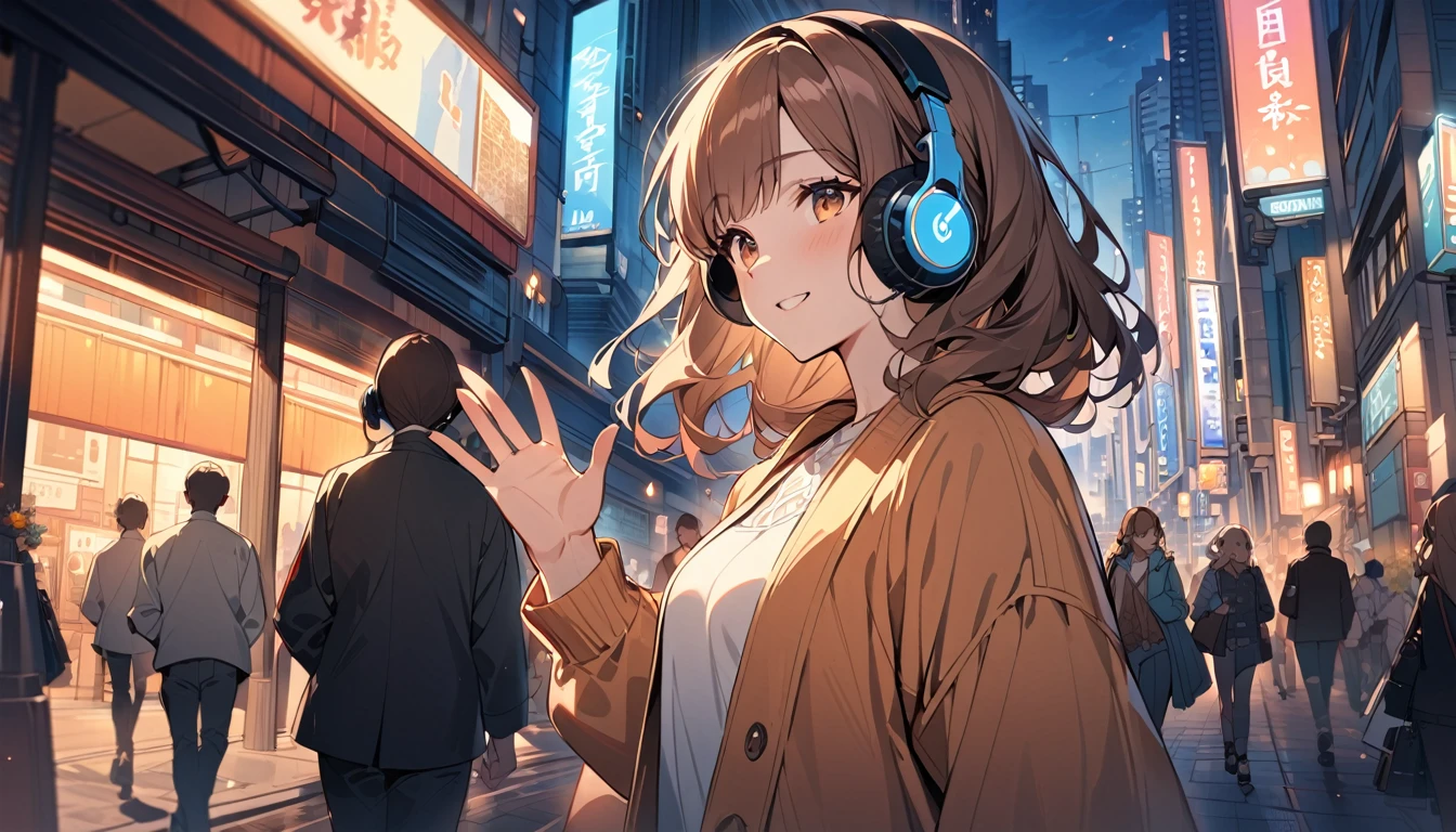 (Brown haired woman wearing headphones), (Walking around the city in the evening listening to background music), (Very detailed, masterpiece, Highest quality, bright), (Anime Style)
background: Cityscape at dusk: Relaxed smiling outfit: Light jacket and pants pose: Scene of walking while waving hands: In the city at dusk、Enjoy a pleasant walk while listening to background music
