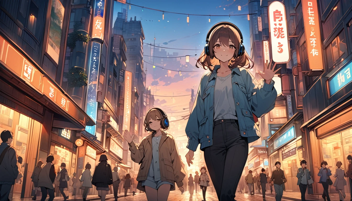 (Brown haired woman wearing headphones), (Walking around the city in the evening listening to background music), (Very detailed, masterpiece, Highest quality, bright), (Anime Style)
background: Cityscape at dusk: Relaxed smiling outfit: Light jacket and pants pose: Scene of walking while waving hands: In the city at dusk、Enjoy a pleasant walk while listening to background music
