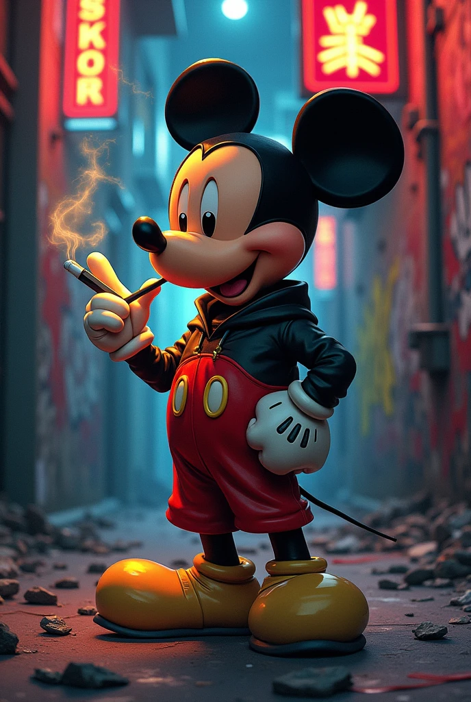 Comicart micky mouse als Gangster,with gun in hand,cigarette in mouth,baseball cap on