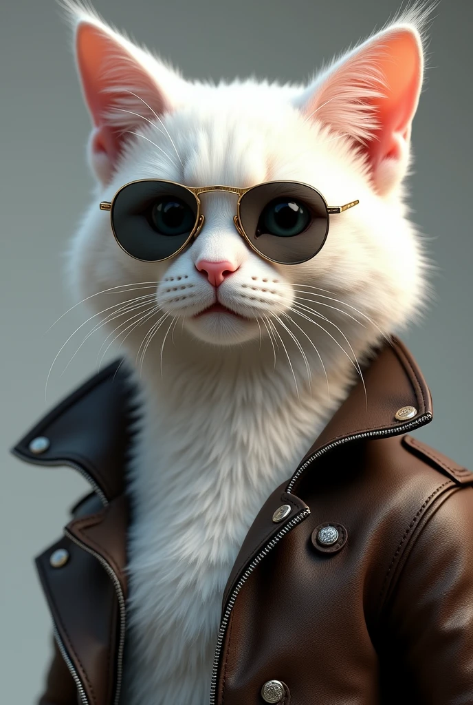 A humanoid white cat wearing aviator sunglasses and a dark brown leather jacket