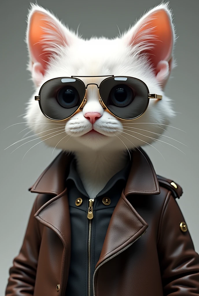 A humanoid white cat wearing aviator sunglasses and a dark brown leather jacket