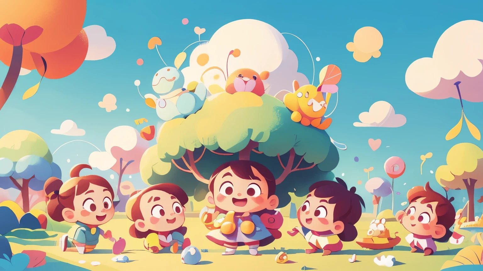 children singing ABC alphabet, with colorful musical notes and a joyful atmosphere. Background: Bright, cheerful park with blue sky and fluffy clouds. inspired by Goro Fujita, promotional art, illustration for children, by Choi Buk, by Murakami, 2d digital illustration